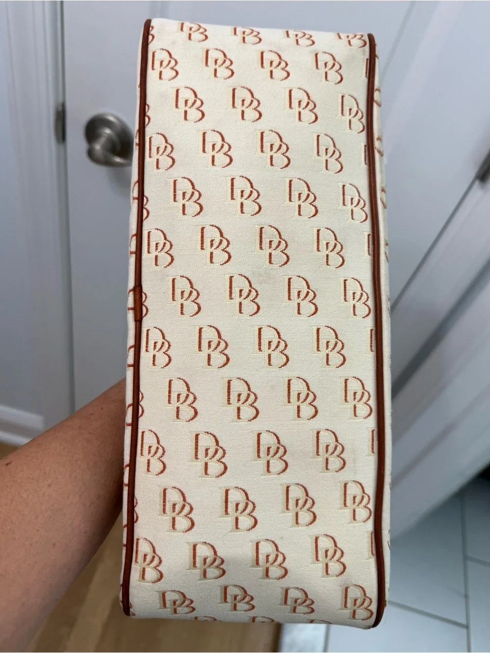 Dooney & Bourke Cream/Brown Signature Logo Lock Canvas Hobo Shoulder Bag